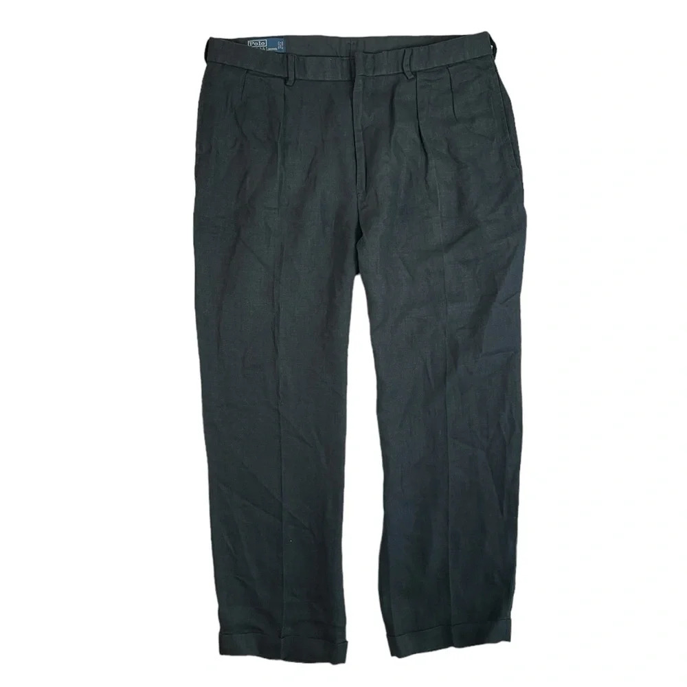 MJ80 Mens Polo Ralph Lauren Designer Pleated 100% LINEN Dress Pants 38x30